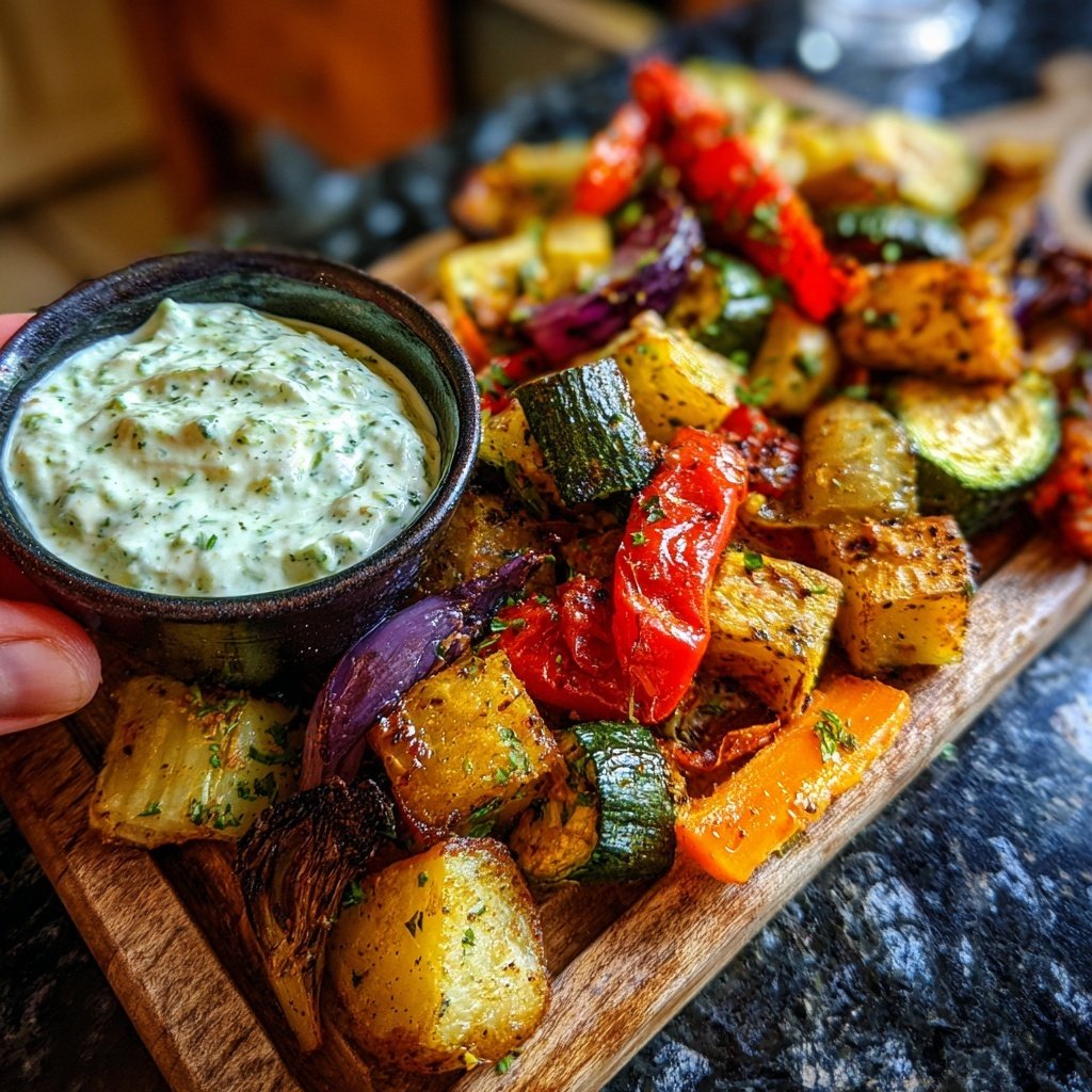 Abendessen mit Ofengemüse und Kräuterquark